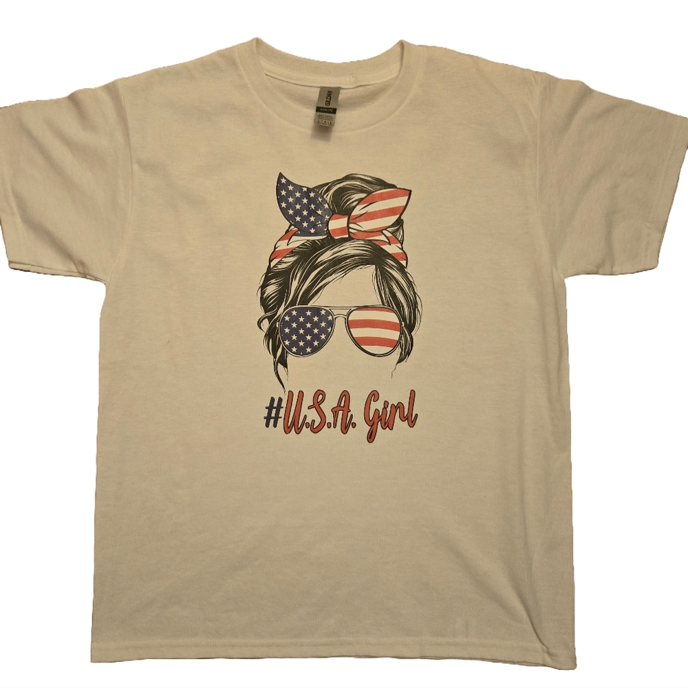 USA Girl White Tee – Size L | Patriotic 4th of July Graphic Shirt